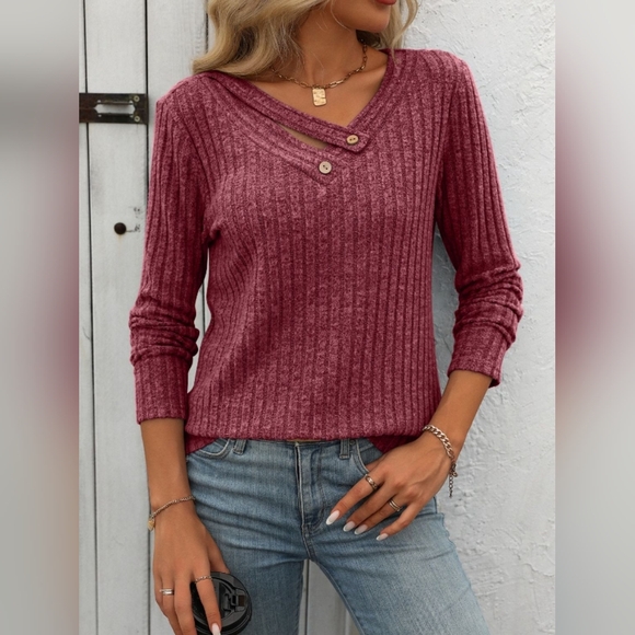 Mandy Ribbed V-Neck Long Sleeve Burgundy T-Shirt - Picture 1 of 6